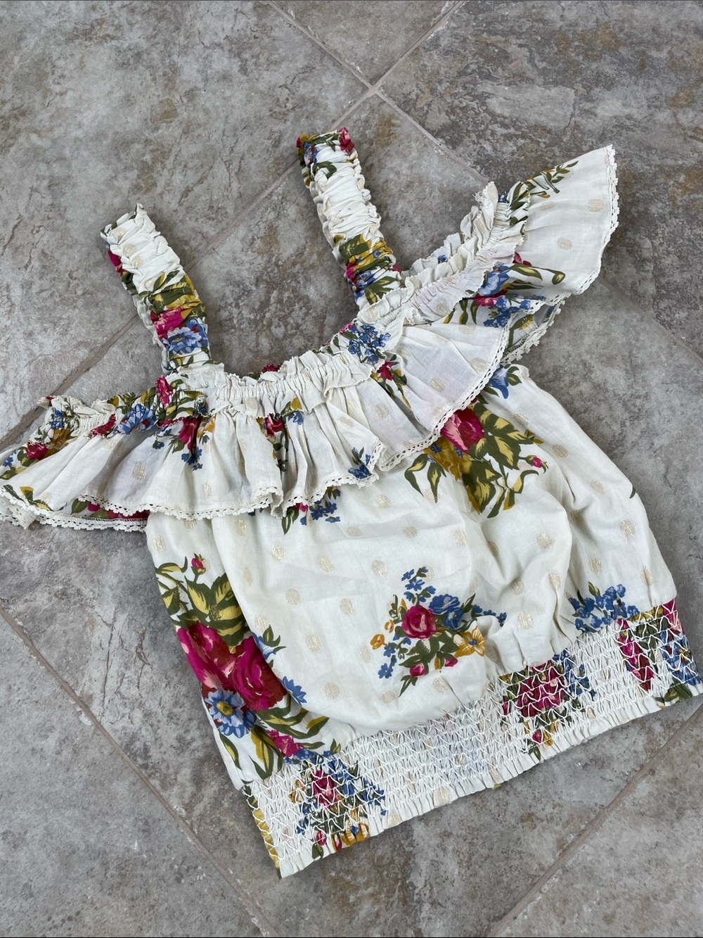 House of Harlow 1960 Ivory Floral Ruffle Smocked Crop Top
